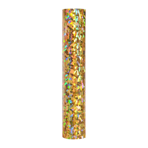 Crystal gold: A gold colored vinyl roll with larger sparkles. The particles are reminiscent of confetti shapes. This roll would be a perfect touch to celebration decor.