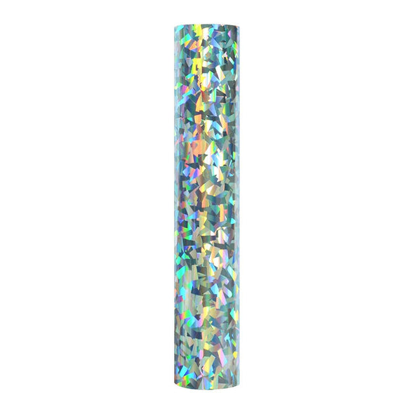 Crystal silver: A silver colored vinyl roll with larger sparkles. The particles are reminiscent of confetti shapes. This roll would be a perfect touch to celebration decor.