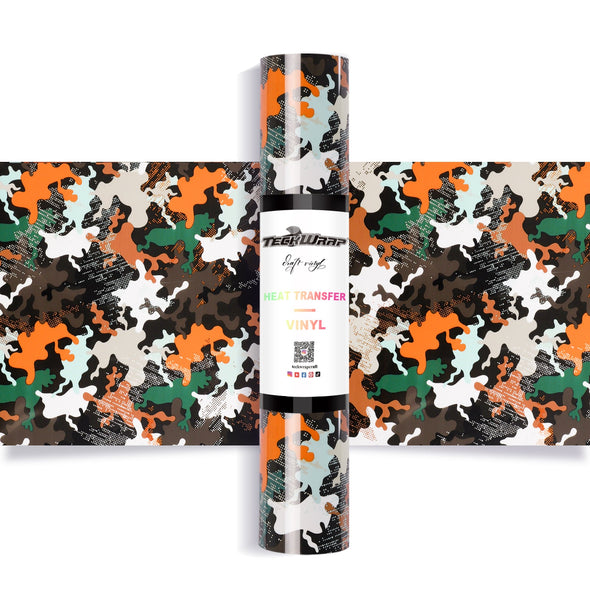 Colorful Camouflage Heat Transfer Vinyl Roll 5ft - Orange - TeckwrapCraft