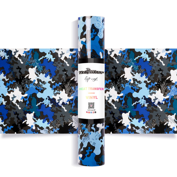 Colorful Camouflage Heat Transfer Vinyl Roll 5ft - Deep Blue - TeckwrapCraft