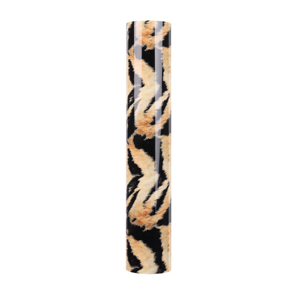 Tiger: A fuzzy looking, black, larger tiger print on late and sepia tan background colors. Animal print heat transfer vinyl 