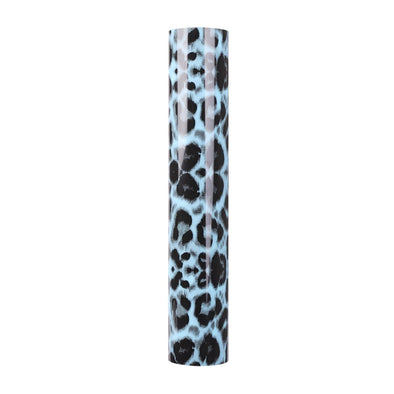 Blue Leopard: A light baby and sky blue with a vlack leopard print. The print is larger in comparison to black and white leopard roll. Animal print heat transfer vinyl 