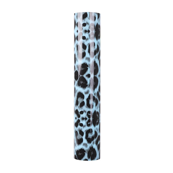 Blue Leopard: A light baby and sky blue with a vlack leopard print. The print is larger in comparison to black and white leopard roll. Animal print heat transfer vinyl 