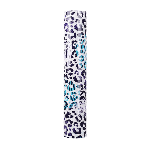 Blue and white leopard: This vinyl roll has a porcelain white background with denim blue and eggplant purple leopard print. The print also has streaks of sky blue and crepe pink. Animal print heat transfer vinyl 