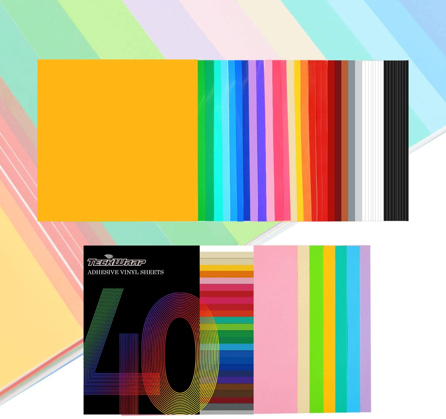TECKWRAP Permanent Adhesive Vinyl Sheets 12 x 12 40 Sheets/Pack Assorted Colors for Craft Cutters